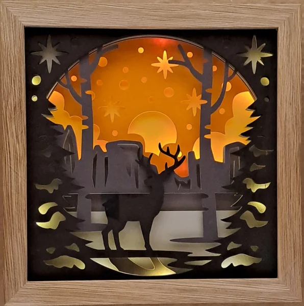 Lichterrahmen Winter Landschaft Hirsch Shadowbox Light Box 3D Optik Bilderrahmen