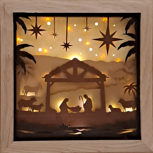 Lichterrahmen Wüstenkrippe mit Tieren Shadowbox Light Box beleuchtete 3D Optik Bilderrahmen