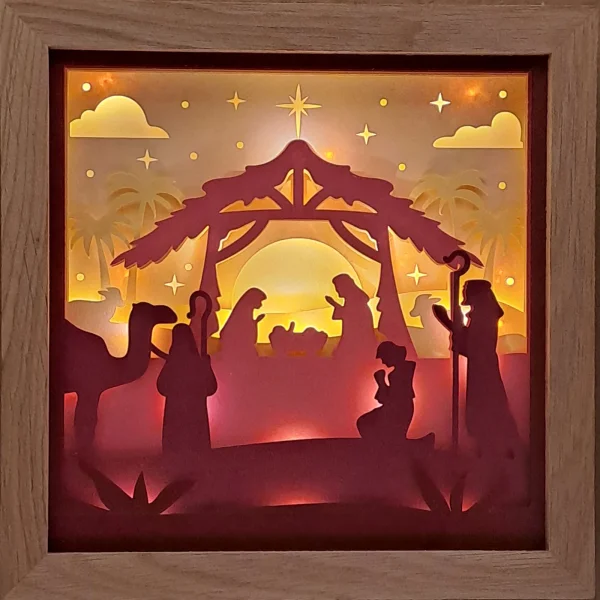 Lichterrahmen Wüstenkrippe Sternenhimmel und Tiere Shadowbox Light Box beleuchtete 3D Optik Bilderrahmen