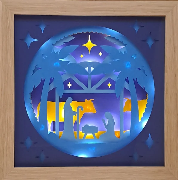 Lichterrahmen Krippe mit Stall Shadowbox Light Box beleuchtete 3D Optik Bilderrahmen