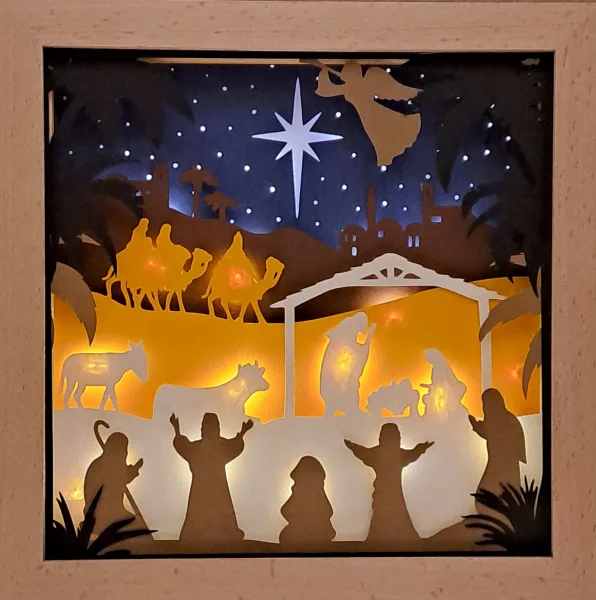 Lichterrahmen Krippe und leuchtender Stern Shadowbox Light Box beleuchtete 3D Optik Bilderrahmen